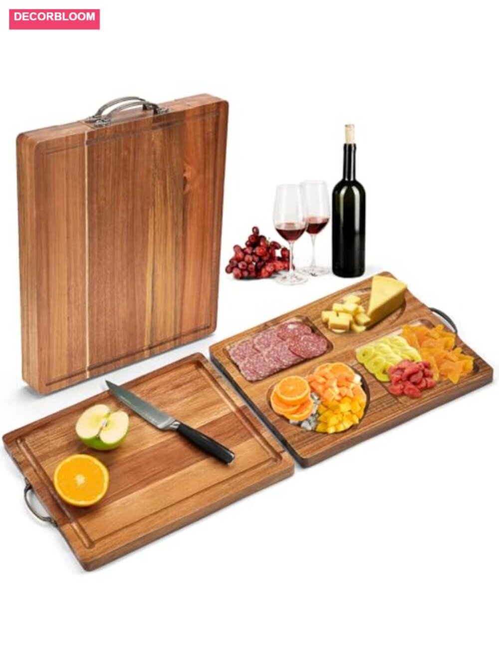 Acacia Wood Cutting Board 2 in 1 Charcuterie Serving Tray Foldable Compartments
